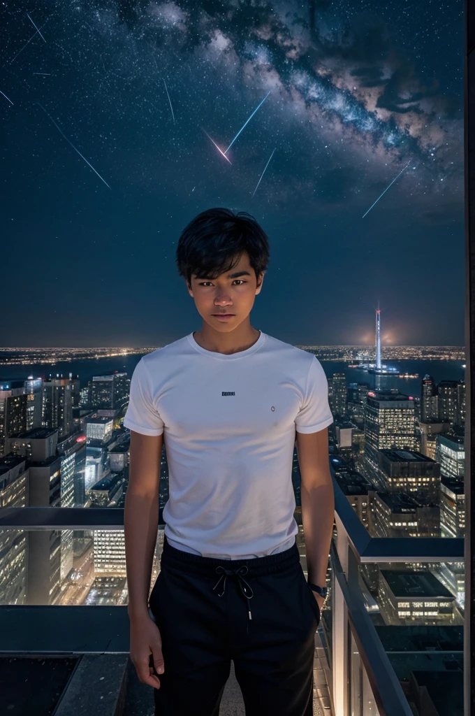 As the city sleeps below, a lone figure stands atop a towering building, mesmerized by the celestial spectacle unfolding above. The night sky is ablaze with the brilliance of a meteor shower, streaks of light painting fleeting masterpieces against the vast canvas of darkness. Describe the scene from the perspective of the boy on the rooftop. What thoughts and emotions stir within him as he witnesses this breathtaking display? How does the beauty of the meteor shower contrast with the urban landscape below? Explore the juxtaposition of the tranquility of the cosmos and the bustling energy of the city the boy is wearing white tshirt and black casual pants shown in as anime character
