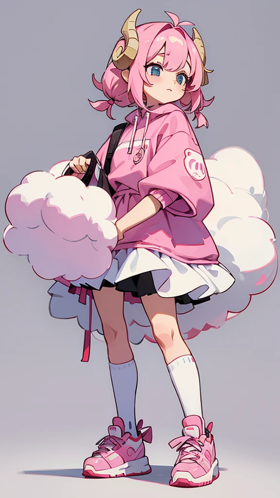 Pink sheep themed characters, Wearing big sneakers, サイバーパンク, Ram's horn, Keep the background simple, Magazine cover design, Pale pink hair, cloud hair, light smile, closed eyes, pink hair, whole body, Magazine Cover, Magazine Design, magazine, projected inset, UHD, highres, best quality, 8k