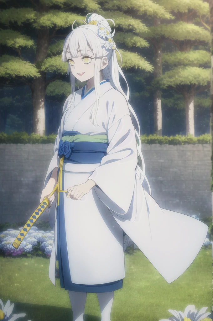kimetsu no yaiba style, 1girl, white hair , solo, yellow eyes, holding a katana ,long hair, white kimono with blue flowers , outdoors, tree, anime coloring, ((masterpiece)) , day background , beautiful girl, cute, solo , smiling face, happy, giggle , standing , flowers on hair((high quality))