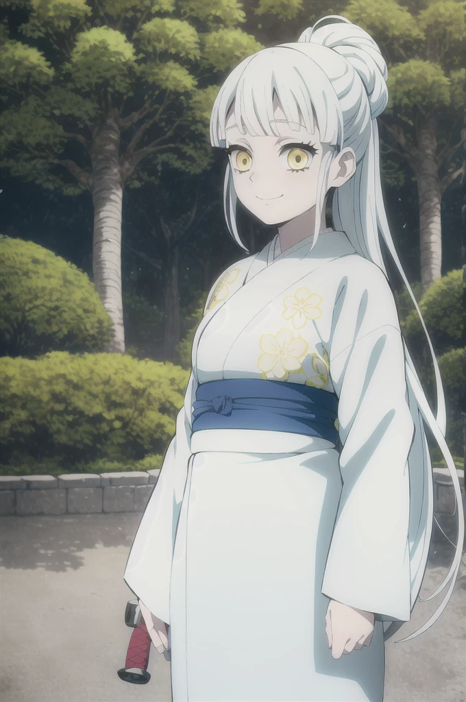 kimetsu no yaiba style, 1girl, white hair , solo, yellow eyes, holding a katana ,long hair, white kimono with blue flowers , outdoors, tree, anime coloring, ((masterpiece)) , day background , beautiful girl, cute, solo , smiling face, happy, giggle , standing , flowers on hair((high quality))