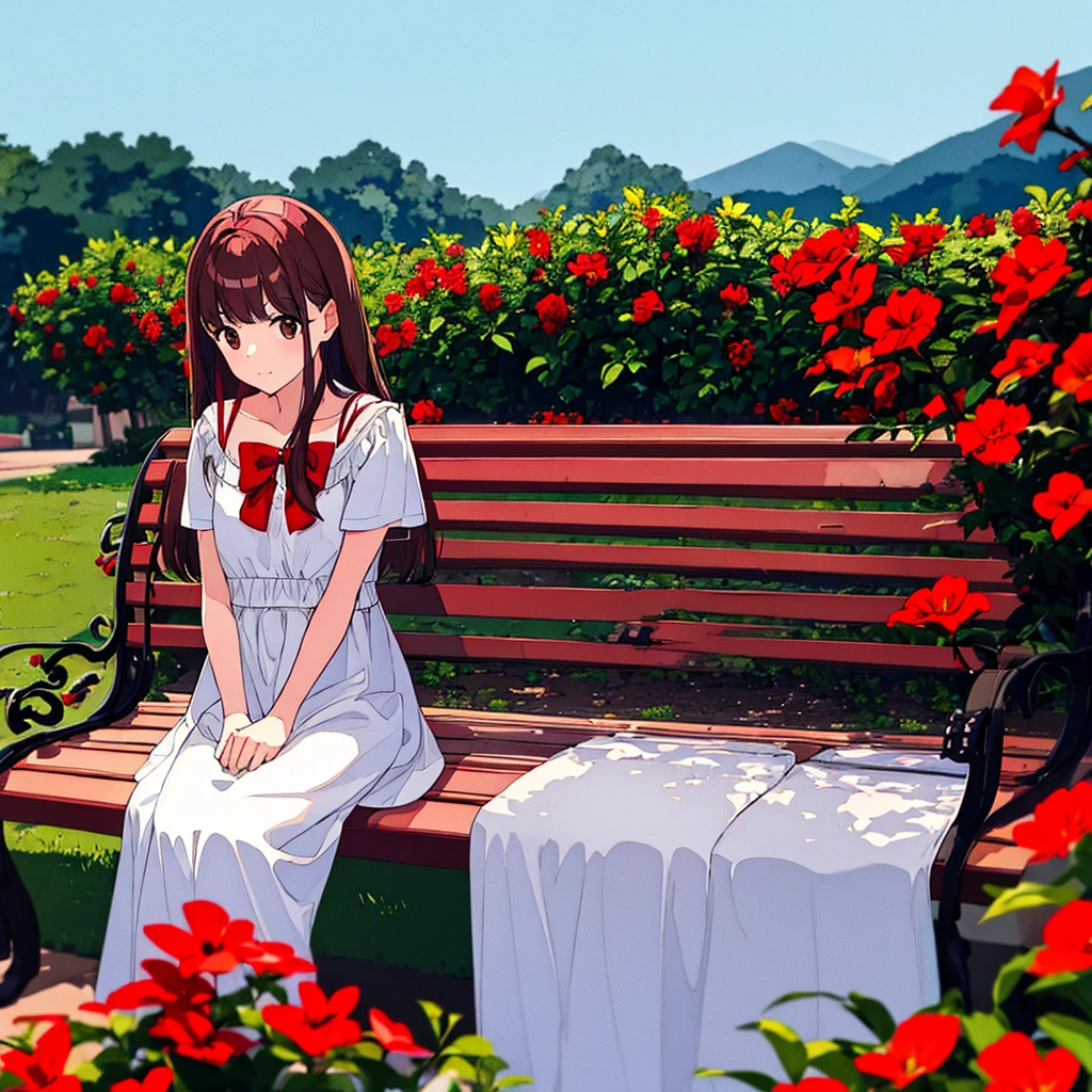 Summer, girl sitting on bench, red flowers, white clothes, brown hair, short, light gray background