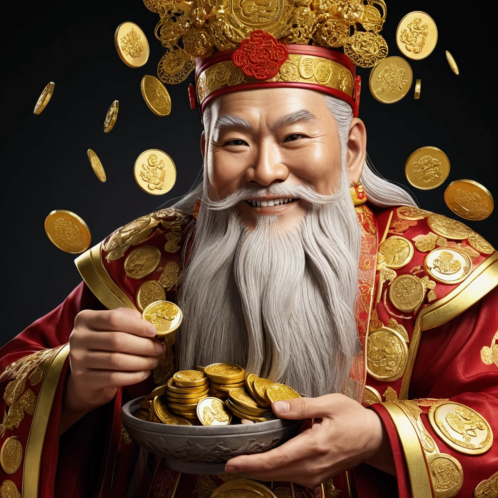 Chinese God of Wealth，smile，Holding a pile of gold coins，White Beard，Gentle and kind，Gold coin flash