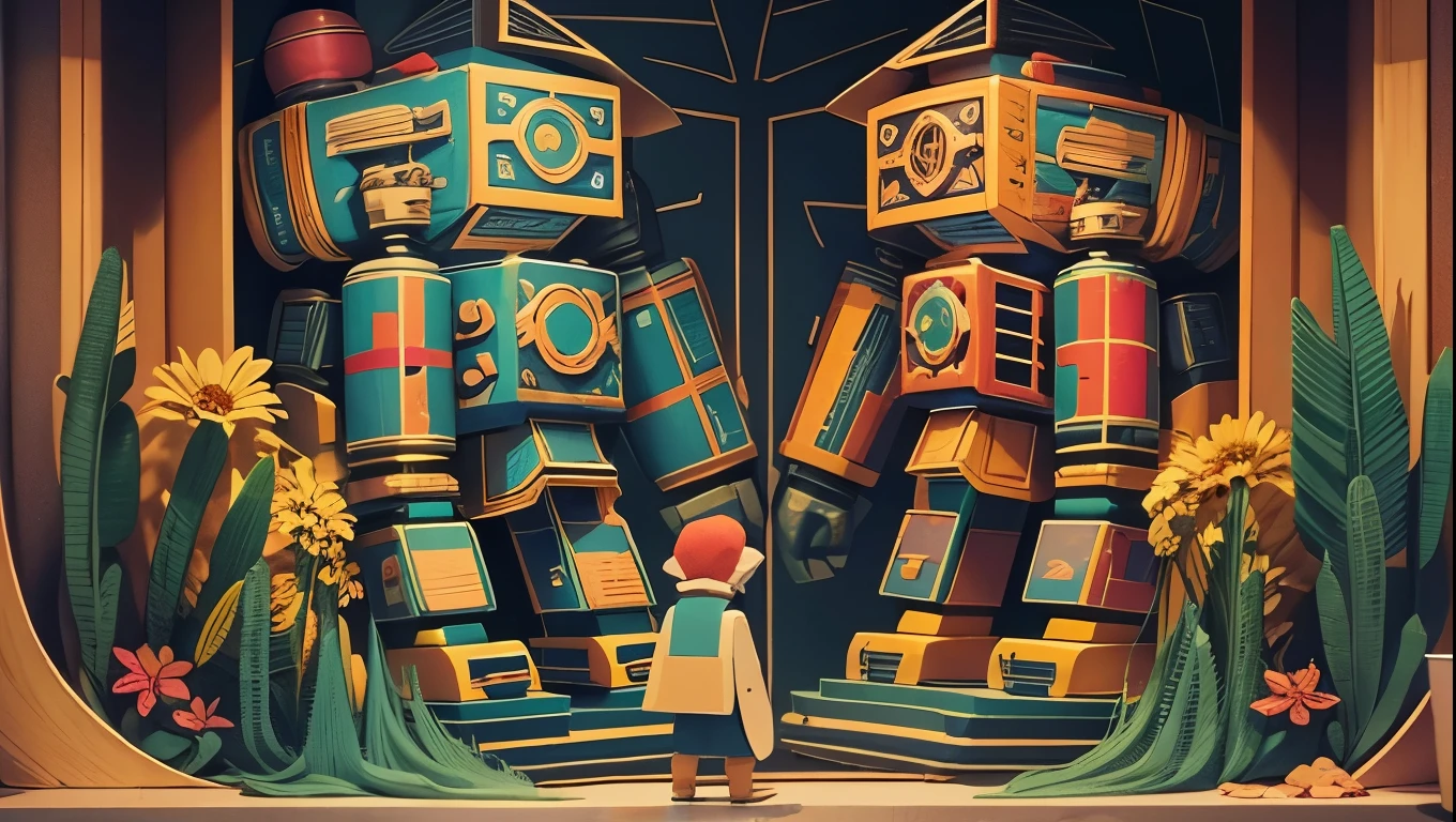 （Pop-up Books：1.5），（Giant Robot），（Colorful、Highest quality、Attention to detail、masterpiece、Folk art、Cinematic Lighting Effects、4K、Chiaroscuro）