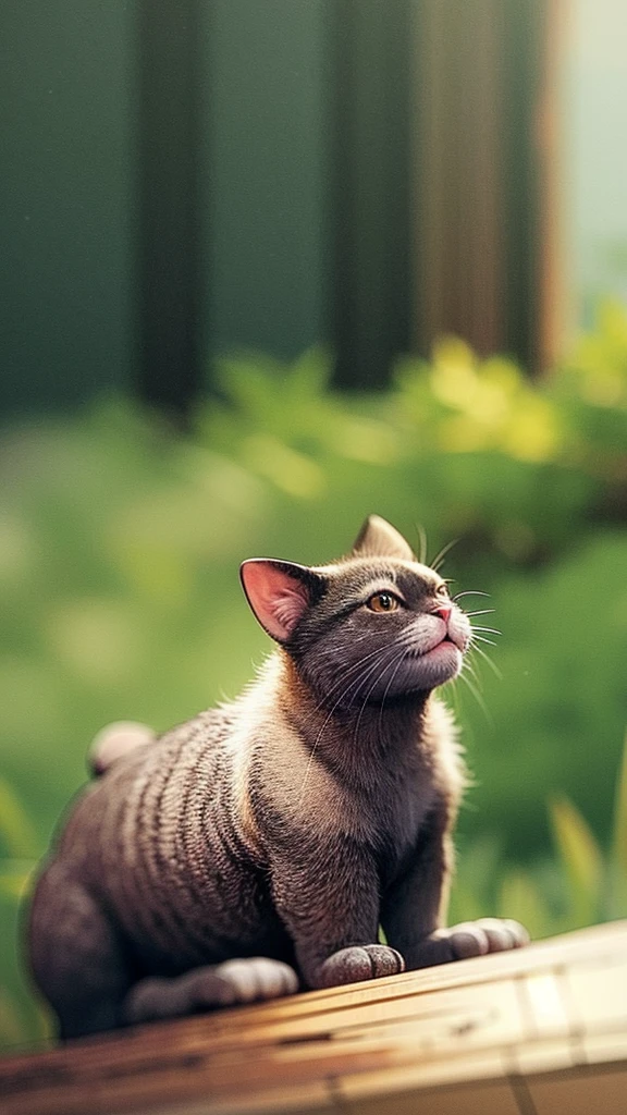 a tuxedo cat sitting on a log in a forest, detailed fur texture, curious expression, golden hour lighting, lush greenery, shallow depth of field, award winning photography