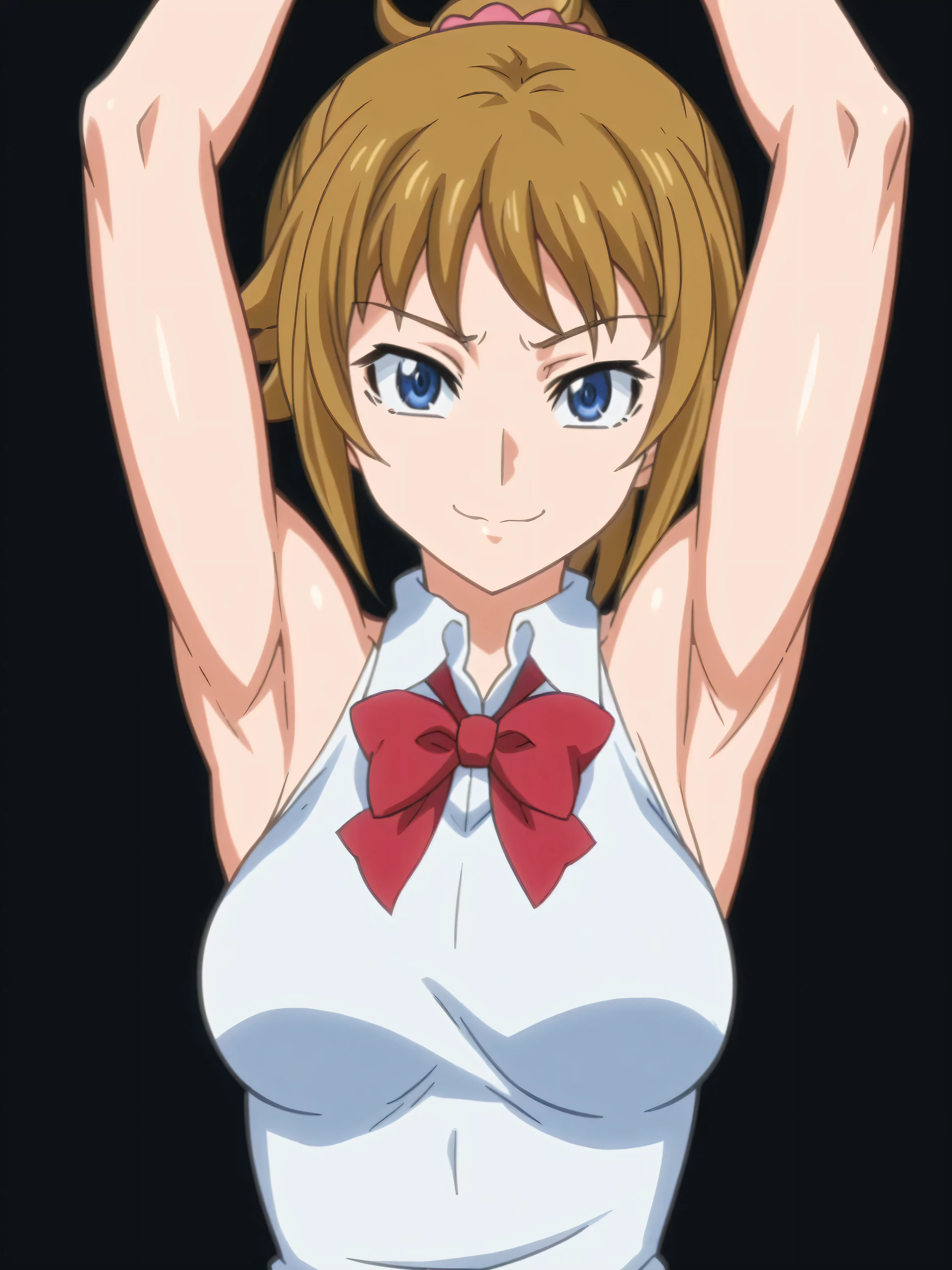 fumina hoshino, hoshino fumina, blue eyes, brown hair, ponytail, scrunchie, shirt, white shirt, collared shirt, sleeveless shirt, bow, red bowtie, sleeveless, bare shoulders, bare arms, 1girl, solo, anime screencap, frontlighting, (simple background, black background, dark background:1.3), masterpiece, absurdres, hdr, soft light, best quality, detailed, highres, shiny skin, shiny hair, (looking at viewer, eye contact with viewer:1.5), smile, (closed mouth:1.2), (smug:0.5), arms up, raised arms, armpits, in the center, symmetrical, upright, score_8_up, score_7_up,