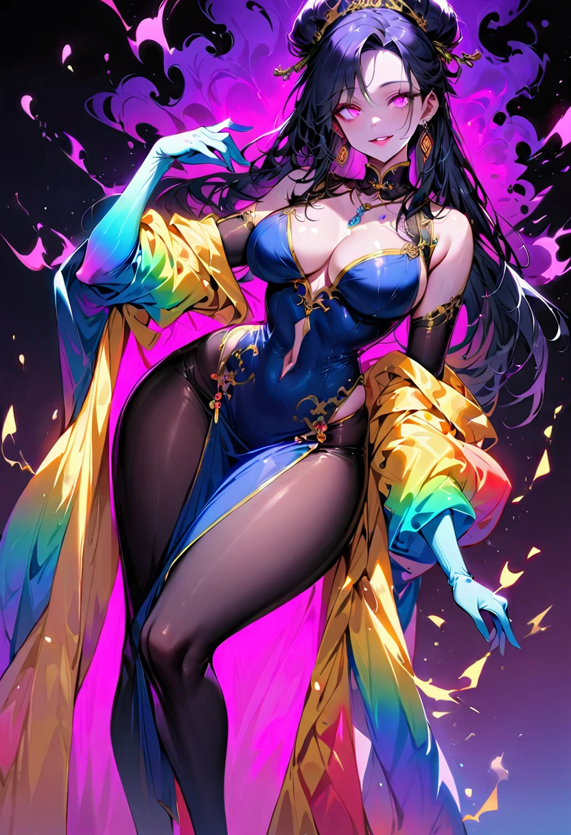 1 mature beautiful woman,(Highest quality,Extremely detailed depiction,Incredibly absurd high resolution,Anatomically accurate depiction,Curvy Legs,Detailed pupil),(Glowing Skin,Shiny skin),(A charming Chinese noble lady),(The intricate blue costume of a Chinese goddess,See-through,Intricate embroidery,Shiny fabric,Rainbow gradient sleeves,black tights),eyelash,(Pink Eyes,Crazy Eyes,There is cleavage in the chest,Wicked Smile,Glossy Lips,Flashy makeup,Seductive gestures,forward leaning posture),Luxury accessories,earrings,necklace,whole body,background:Chinese-style mansion