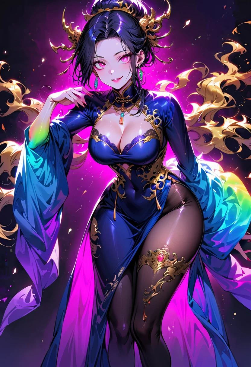 1 mature beautiful woman,(Highest quality,Extremely detailed depiction,Incredibly absurd high resolution,Anatomically accurate depiction,Curvy Legs,Detailed pupil),(Glowing Skin,Shiny skin),(A charming Chinese noble lady),(The intricately constructed costume of a Chinese goddess,See-through,Intricate embroidery,Shiny fabric,Rainbow gradient sleeves,black tights),eyelash,(Pink Eyes,Crazy Eyes,There is cleavage in the chest,Wicked Smile,Glossy Lips,Flashy makeup,Seductive gestures),Luxury accessories,earrings,necklace,whole body,background:Chinese-style mansion