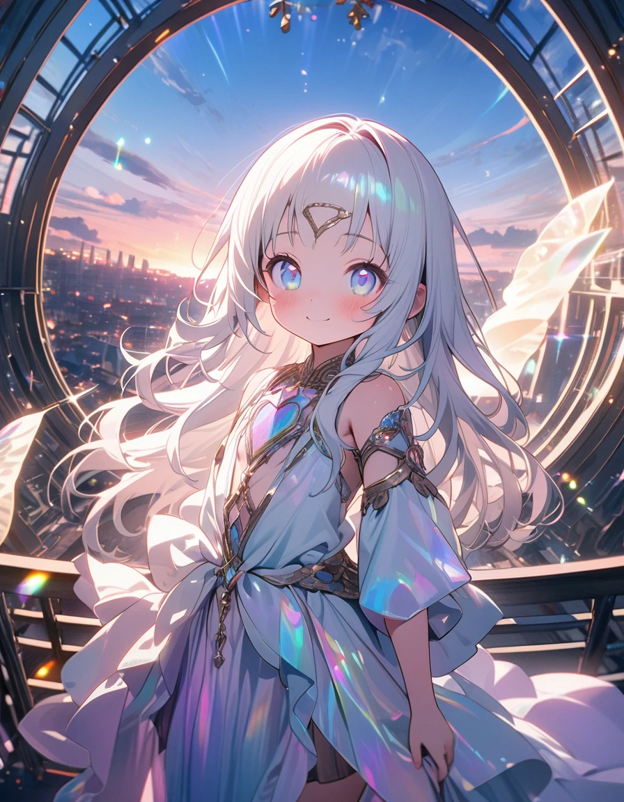 (8K, best quality, master piece: 1.2),super high resolution,1 girl is Aphrodite,solo,18yo,detailed cute face, pretty baby face, ultra cute kawaii, smile,detailed eyes,white hair,long hair,(Aphrodite, loli:1.4),straight hair,(iridescent light:1.4),立っている,Sky Bridge