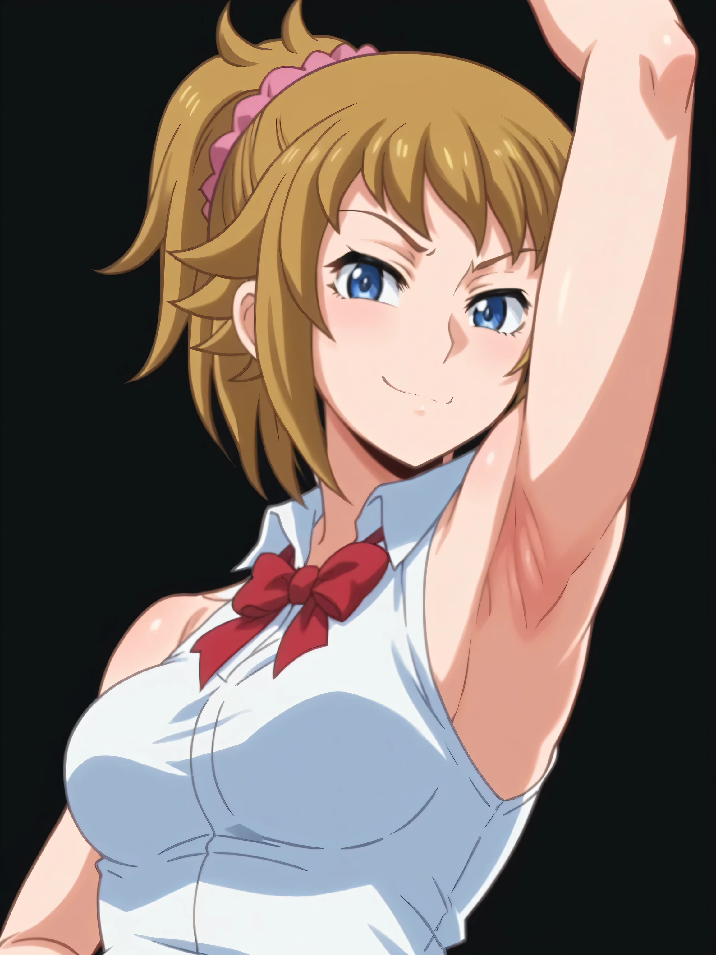 fumina hoshino, hoshino fumina, blue eyes, brown hair, ponytail, scrunchie, shirt, white shirt, collared shirt, sleeveless shirt, bow, red bowtie, sleeveless, bare shoulders, bare arms, 1girl, solo, anime screencap, frontlighting, (simple background, black background, dark background:1.3), masterpiece, absurdres, hdr, soft light, best quality, detailed, highres, shiny skin, shiny hair, (looking at viewer, eye contact with viewer:1.5), smile, (closed mouth:1.2), (smug:0.5), arm up, raised arm, armpit, from side, from below, smooth armpit, score_9, score_8_up, score_7_up,