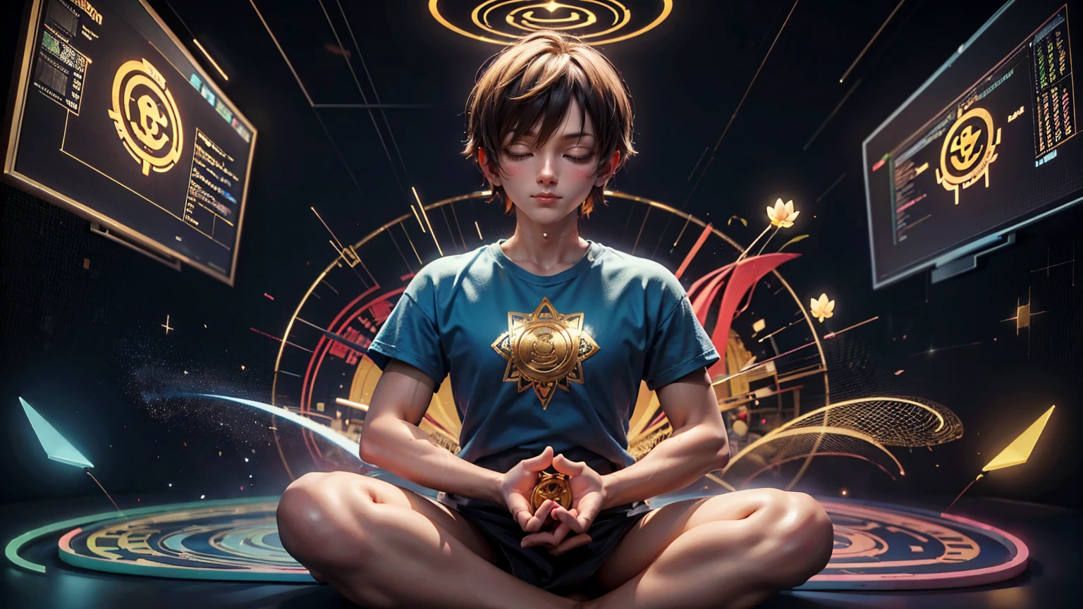 Create an illustration of the Buddha meditating in lotus position with his hands spread out, wearing blue t-shirt that says ".Compute high, sell low pro" , surrounded by colorful charts and graphs showing bitcoin's trends, floating above him is golden halo, coins flying around in background, The scene should have psychedelic colors and dreamlike elements, giving it a surrealistic feel,