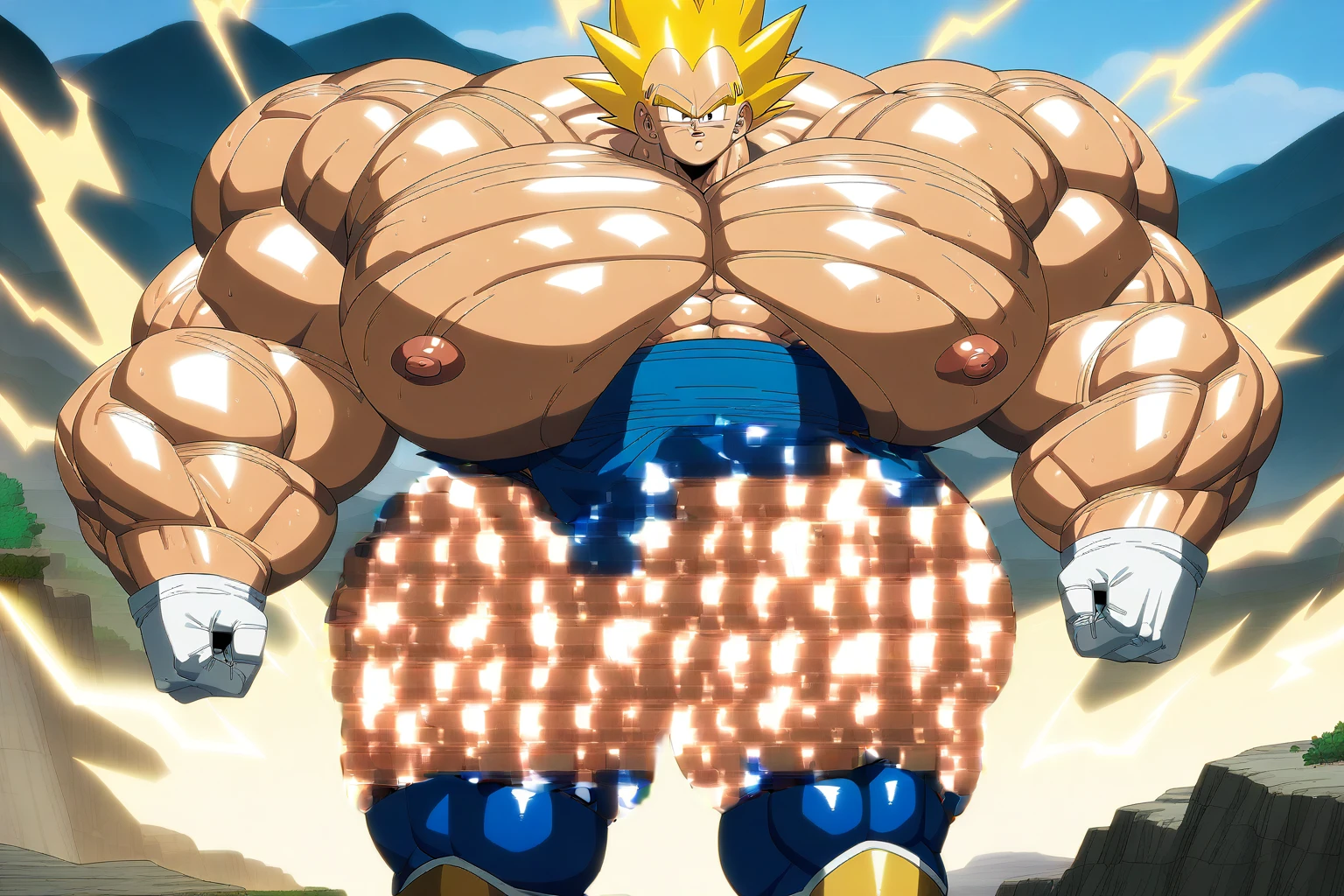 1boy, Vegeta, from Dragon Ball Z, masterpiece, best quality, very aesthetic, absurdres, saiyan, green eyes, spiked hair, (yellow hair:1.5), shirtless, blue skintight pants, white gloves, (huge muscles:2.5), dragonballartstyle, in the style of Akira Toriyama, white tiled floor, outdoors, flat-top mountains, nipples, yellow aura, electricity, (remove the covered part:3)