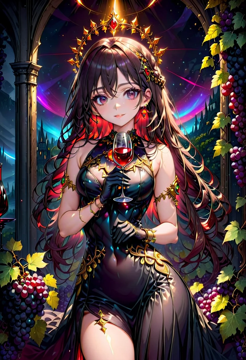 High resolution, high quality, High-resolution model, High detail, Very detailed, (Shot from the thigh up:1.3), (holding a wine glass:1.3), (Slim figure:1.5), goddess, long hair, Grown-up face, A relaxed expression, Dark Eyes, Gradient eyes, Front bottom shot, Her hair is black on top and red on the bottom., Circlet, Neon-like earrings, Black long dress, Shiny black and red gothic embellishments on the dress, There is a mysterious halo in the background, Mysterious light in the background, A shelf with wine bottles neatly lined up all over the background, Fantasy atmosphere
