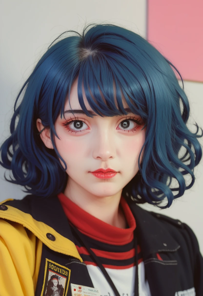 (masterpiece,detailed,high resolution:1.4) , Model photo, close up, detailed face, fine detailed eyes,, (Kirishima Touka),Blue medium hair,Ghoul Eyes,Vintage Jackets,Tokyo Ghoul,Retro futuristic background, Vibrant colors, HDR,, ,