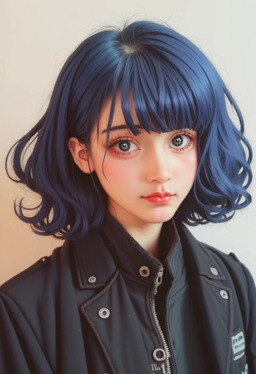 (masterpiece,detailed,high resolution:1.4) , Model photo, close up, detailed face, fine detailed eyes,, (Kirishima Touka),Blue medium hair,Ghoul Eyes,Vintage Jackets,Tokyo Ghoul,Retro futuristic background, Vibrant colors, HDR,, ,