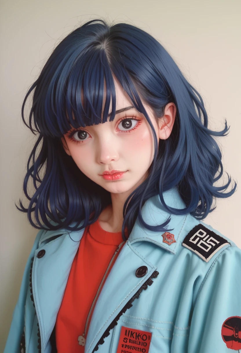 (masterpiece,detailed,high resolution:1.4) , Model photo, close up, detailed face, fine detailed eyes,, (Kirishima Touka),Blue medium hair,Ghoul Eyes,Vintage Jackets,Tokyo Ghoul,Retro futuristic background, Vibrant colors, HDR,, ,