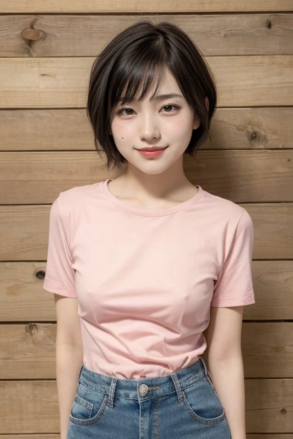 pale pink t-shirt, jeans, (small breasts, election of nipples:1.2), natural lighting, 8k, RAW photo, best quality, masterpiece, realistic, photo-realistic, clear, beautiful face, no makeup, best quality, ultra high res, BREAK, Japanese cute girl, , (extra short hair, mash hair:1.3), smile, standing, (black eyes, black hair:1.1)