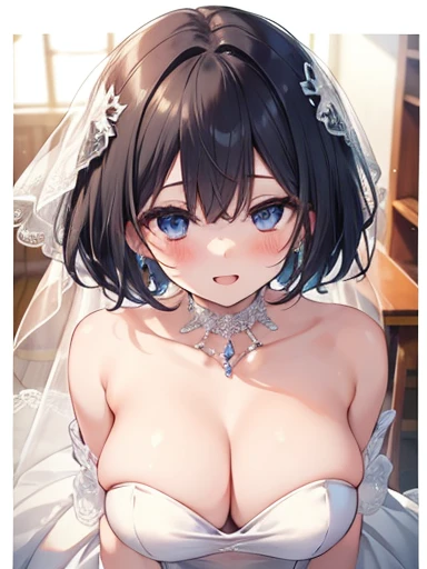(The pieces fly, Highest quality, High resolution, Ticker, Pixel perfect, Depth of written border, In 4K),
1 girl, alone, (upon), Beautiful Anime Girls,
View your viewers,
Perfect body,
Blush all over face,
Subjective Handjob, pussyfocus, Upper Body,
Ticker, short hair, Black Hair, Blue eyes, (Big Breasts),
smile, Open your mouth,
church,
Wedding dress, Strapless,
throw, From above,