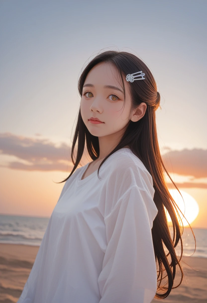 Medium shot, Medium shot, Depth of Field, Break, Upper Body, angle, masterpiece, best quality, Very detailed, CG, 8k wallpaper, Pretty Face, Exquisite eyes, Girl, Solitary, White long hair, Yellow eyes, hairpin, White shirt, black连帽夹克, black棒球帽, black, black过膝靴, Sunset, 中世纪port, port, Delicate water surface, Sun Reflection