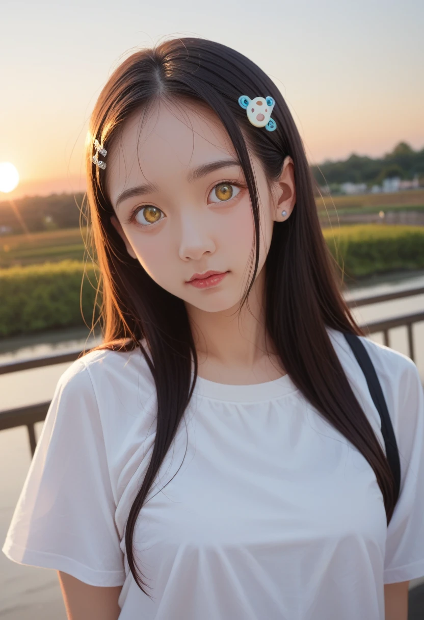 Medium shot, Medium shot, Depth of Field, Break, Upper Body, angle, masterpiece, best quality, Very detailed, CG, 8k wallpaper, Pretty Face, Exquisite eyes, Girl, Solitary, White long hair, Yellow eyes, hairpin, White shirt, black连帽夹克, black棒球帽, black, black过膝靴, Sunset, 中世纪port, port, Delicate water surface, Sun Reflection