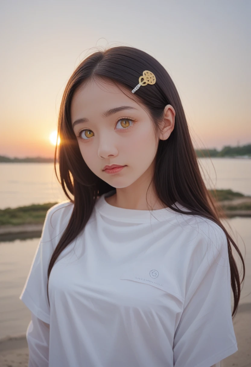 Medium shot, Medium shot, Depth of Field, Break, Upper Body, angle, masterpiece, best quality, Very detailed, CG, 8k wallpaper, Pretty Face, Exquisite eyes, Girl, Solitary, White long hair, Yellow eyes, hairpin, White shirt, black连帽夹克, black棒球帽, black, black过膝靴, Sunset, 中世纪port, port, Delicate water surface, Sun Reflection