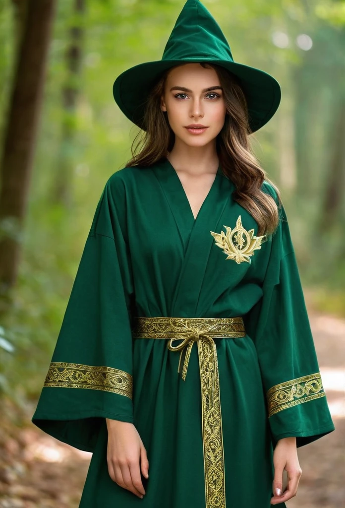 create uniforms for the school of magic and witchcraft wizard castle 
Robe:Color: Emerald green.Material: Thick, durable fabric, similar to high-quality linen or cotton.Details: Gold embroidery on the sleeves and hem, with patterns resembling tropical plant leaves. The robe has a comfortable fit, with wide sleeves and a gold belt at the waist.Pants/:Color: Dark green.Material: The same thick, durable fabric.Details: Discreet gold embroidery on the hem, imitating roots or vines. For students who prefer skirts, the length reaches the knee, with soft pleats.Cloak:Color: Moss green with a gold lining.Material: Heavy velvet for colder months and a lighter fabric for the hot Amazon climate.Details: The cloak is fastened with a gold brooch in the shape of a leaf or a native animal of the forest, such as a jaguar or an exotic bird.Shoes:Color: Black or dark brown.Material: Leather.Details: Comfortable, designed for walking on forest trails, with non-slip soles.Hat:Color: Green with a gold band.Material: Light and rain-resistant fabric.Details: The hat has wide brims to protect from the sun and rain, with a small gold embroidery on the band.Accessories:Scarf: Green with gold stripes for colder days.Gloves: Green with gold details on the cuffs.School Insignia:Location: On the left chest of the robe.Design: A gold emblem with the symbol of Castelobruxo, representing the flora and fauna of the Amazon, such as an enchanted tree or a mythical animal from the region