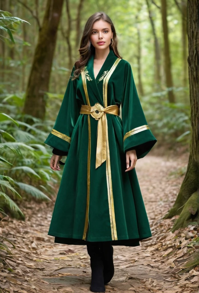 create uniforms for the school of magic and witchcraft wizard castle
Robe:Color: Emerald green.Material: Thick, durable fabric, similar to high-quality linen or cotton.Details: Gold embroidery on the sleeves and hem, with patterns resembling tropical plant leaves. The robe has a comfortable fit, with wide sleeves and a gold belt at the waist.Pants/:Color: Dark green.Material: The same thick, durable fabric.Details: Discreet gold embroidery on the hem, imitating roots or vines. For students who prefer skirts, the length reaches the knee, with soft pleats.Cloak:Color: Moss green with a gold lining.Material: Heavy velvet for colder months and a lighter fabric for the hot Amazon climate.Details: The cloak is fastened with a gold brooch in the shape of a leaf or a native animal of the forest, such as a jaguar or an exotic bird.Shoes:Color: Black or dark brown.Material: Leather.Details: Comfortable, designed for walking on forest trails, with non-slip soles.Hat:Color: Green with a gold band.Material: Light and rain-resistant fabric.Details: The hat has wide brims to protect from the sun and rain, with a small gold embroidery on the band.Accessories:Scarf: Green with gold stripes for colder days.Gloves: Green with gold details on the cuffs.School Insignia:Location: On the left chest of the robe.Design: A gold emblem with the symbol of Castelobruxo, representing the flora and fauna of the Amazon, such as an enchanted tree or a mythical animal from the region