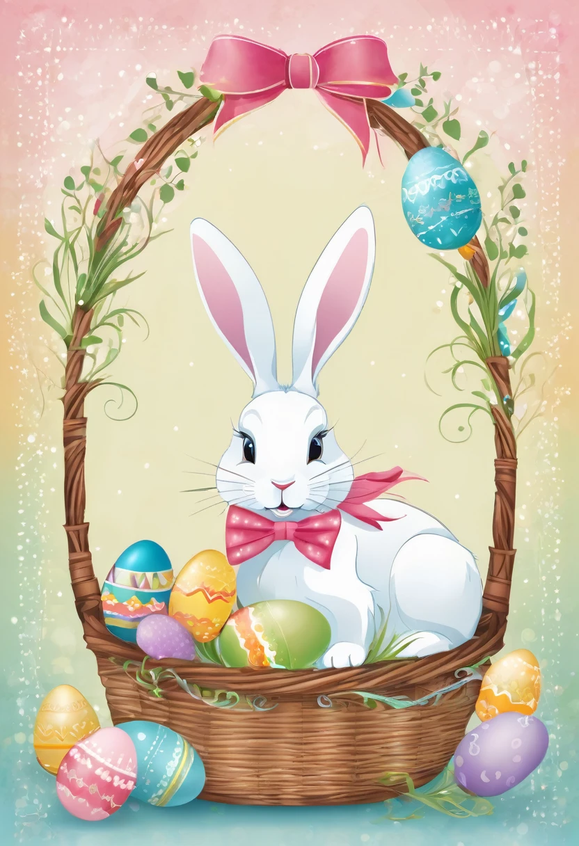 A delightful and colorful vector illustration of an Easter bunny in a serene, pastel-hued setting. The bunny, adorned with a simple yet elegant bowtie, holds a basket brimming with vibrant Easter eggs, each featuring a distinct pattern. The background radiates a festive atmosphere, with an ethereal blend of pastel colors and subtle white hues. The typography, featuring the words "Páscoa Feliz," adds a cheerful and welcoming element to the composition, inviting viewers to celebrate the joy of the season.