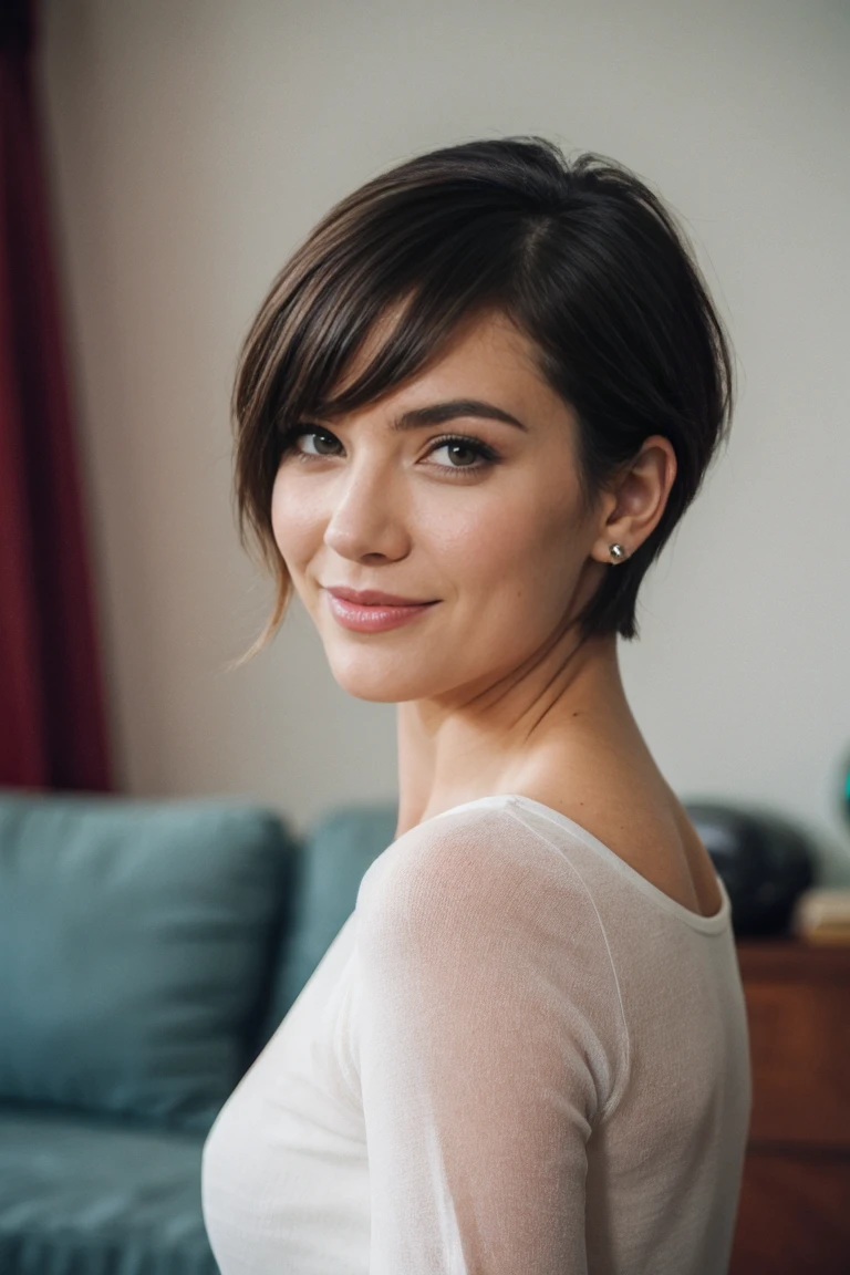 Realistic photography of handsome female short hair ,living room