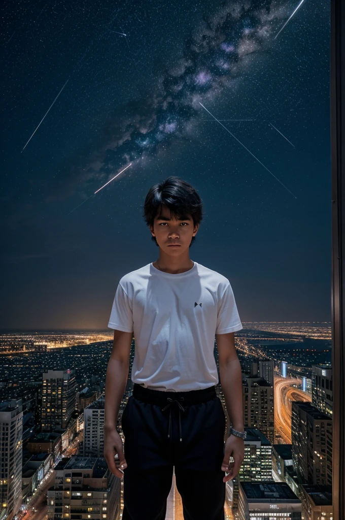 As the city sleeps below, a lone figure stands atop a towering building, mesmerized by the celestial spectacle unfolding above. The night sky is ablaze with the brilliance of a meteor shower, streaks of light painting fleeting masterpieces against the vast canvas of darkness. Describe the scene from the perspective of the boy on the rooftop. What thoughts and emotions stir within him as he witnesses this breathtaking display? How does the beauty of the meteor shower contrast with the urban landscape below? Explore the juxtaposition of the tranquility of the cosmos and the bustling energy of the city the boy is wearing white tshirt and black casual pants shown in as anime character