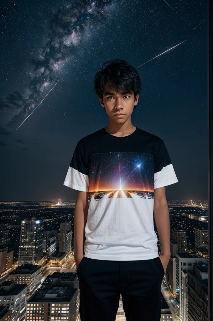As the city sleeps below, a lone figure stands atop a towering building, mesmerized by the celestial spectacle unfolding above. The night sky is ablaze with the brilliance of a meteor shower, streaks of light painting fleeting masterpieces against the vast canvas of darkness. Describe the scene from the perspective of the boy on the rooftop. What thoughts and emotions stir within him as he witnesses this breathtaking display? How does the beauty of the meteor shower contrast with the urban landscape below? Explore the juxtaposition of the tranquility of the cosmos and the bustling energy of the city the boy is wearing white tshirt and black casual pants shown in as anime character