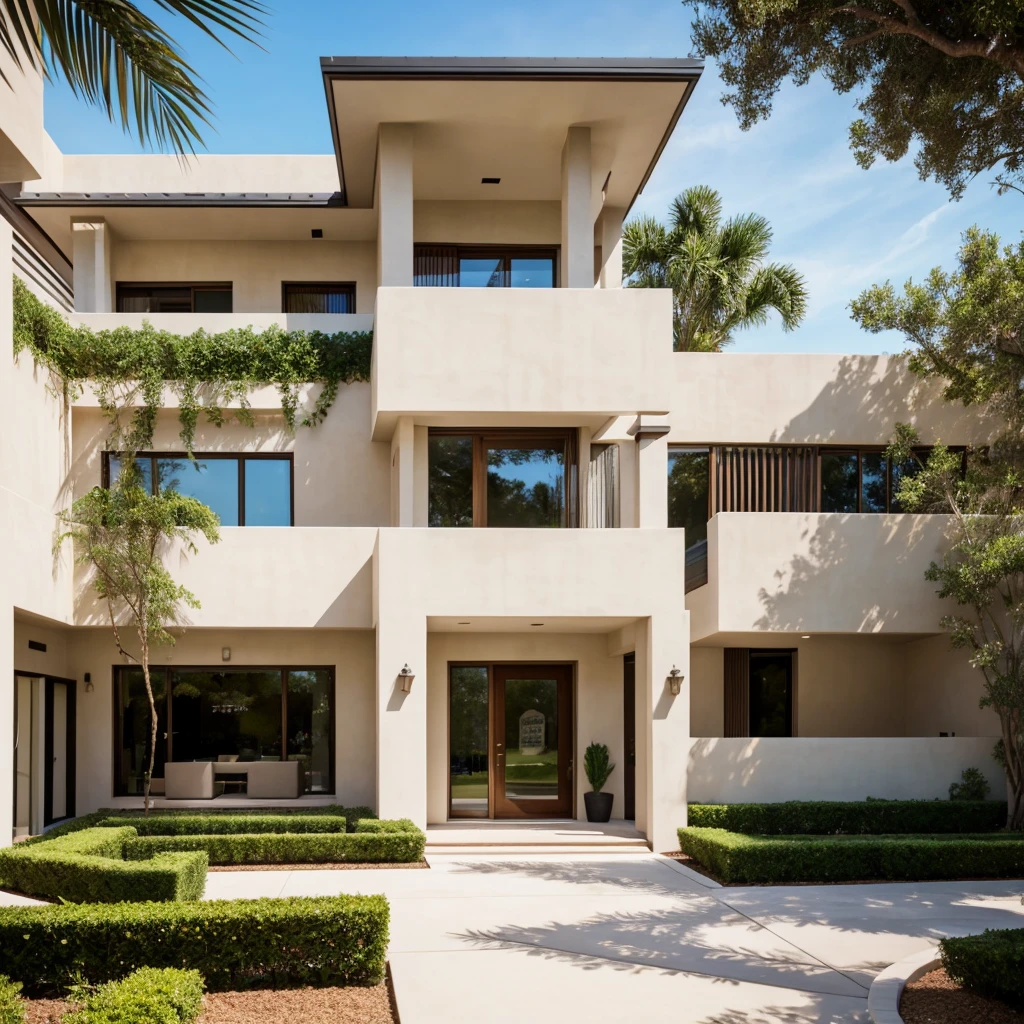 realistic photography. natural light. architectural Digest magazine quality photo. houzz photo. beautiful exterior looking into a front door. luxury, ultra modern, plush home. flat roof wing, popular exterior home style. sandstone bricn and white walls. Lloyd wright entrance that has a curved wall which encompasses small front yard. white stucco. peaceful potted plants at entrance. sunny day.