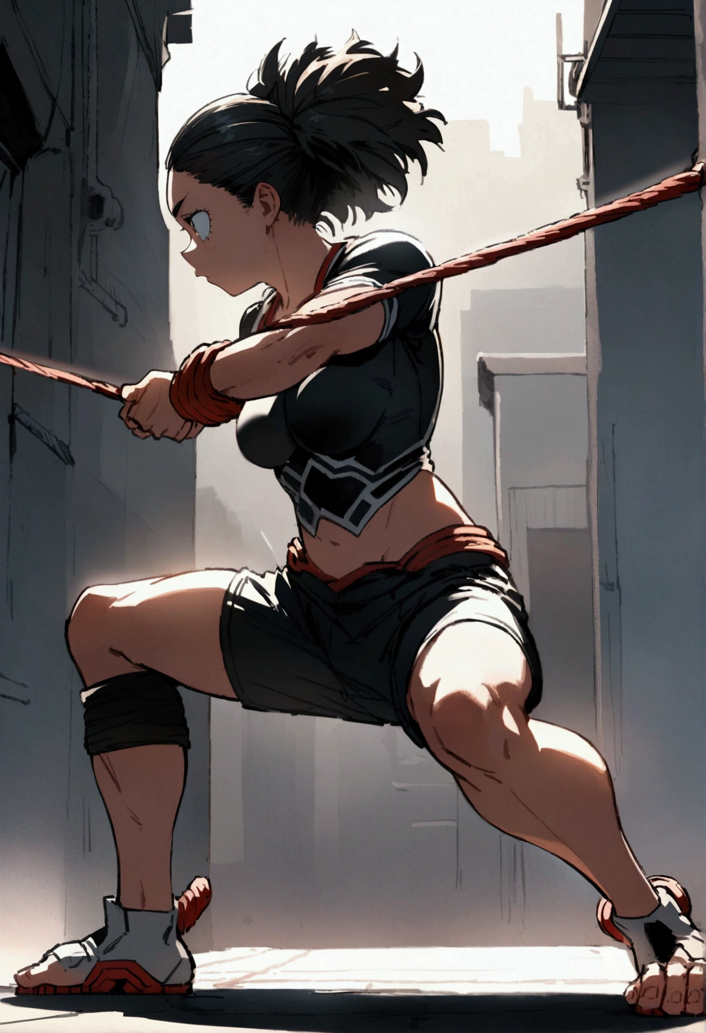 ochako from my hero academia , full body , tug of war sport, aggressive , side profile.