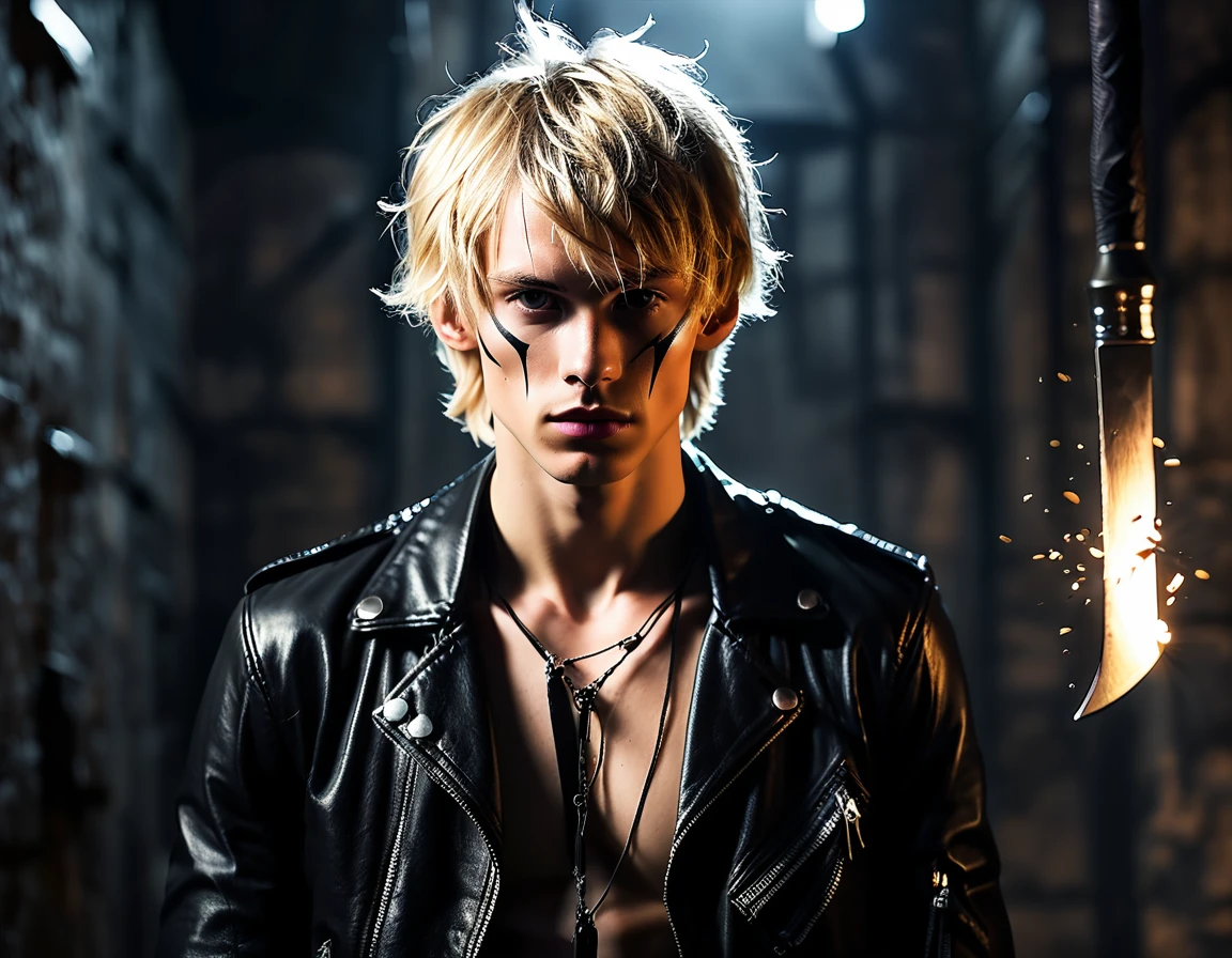 Photorealistic, dark vibes, solo, young man, forward facing shot, volumetric lighting, 22 years, pale skin, model (skinny:1.3), (short textured messy blond hair with fringe:1.5), BDSM dungeon background, (black leather jacket:1.3), holding knife, dark lighting, demonic smirk