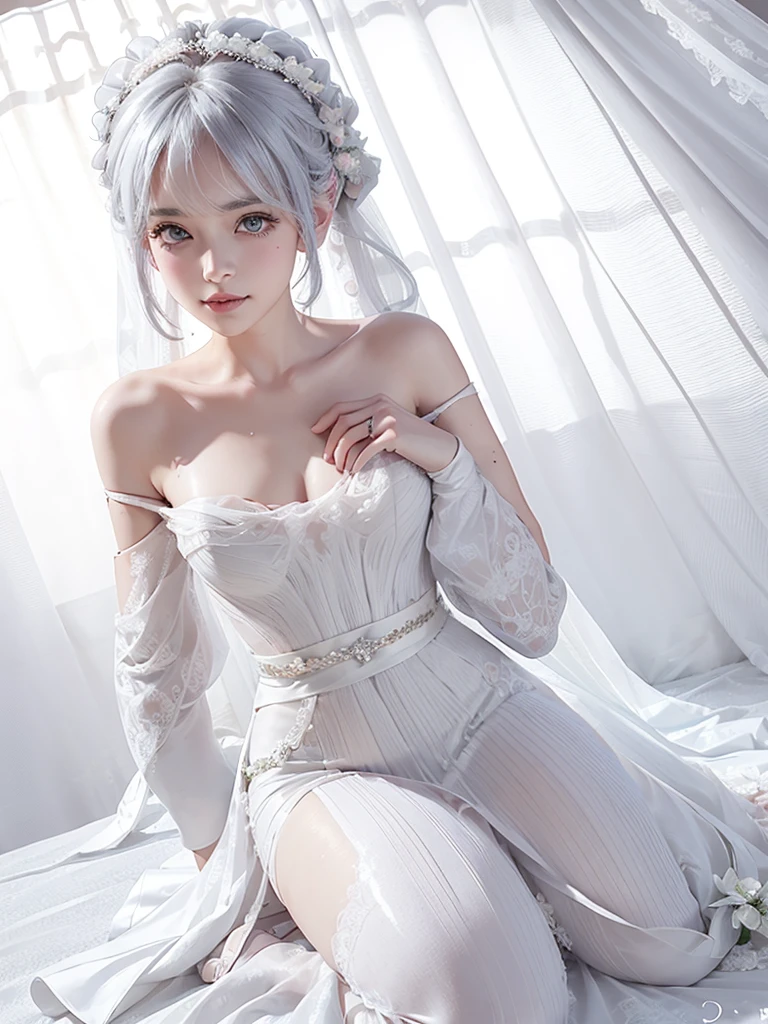 Character Details:, - Gender: 1 Girl.
- Style: Anime, - Body Type: Attractive body, slim body, nice legs, slim tights, nice arms, nice shoulders. - Breast: ((Small Breast:1,5)), Cleavage.
- Facial Feature: Beautiful, Gorgeous, ager, Fresh, Young.
- Expression: Shy, Smile, Horny, Pink Blush on Face, Sexy Eyes, Sexy Look, (Sweating:1.4), Innocent Look, Tipsy. - Hairstyle: Blunt Bangs, Long Hair. - Hair Color: Light Blue Hair.
- Clothing: ((Majestic Wedding Dress:1.6)), (off-shoulder:1.6), (Stocking:1.4). - Body Pose: (Kneel). - Behaviour: Waiting, Want Something, Secretly.
- Accessories: Earrings., Environmental Details:, - Setting: Bed Room., - Lighting: Natural Light., - Decoration: Modern Bed, Desk, Chair, Window, ((White Curtains:1.6)), City View. Top view. pov, anime style, UHD, retina, masterpiece, accurate, anatomically correct, textured.