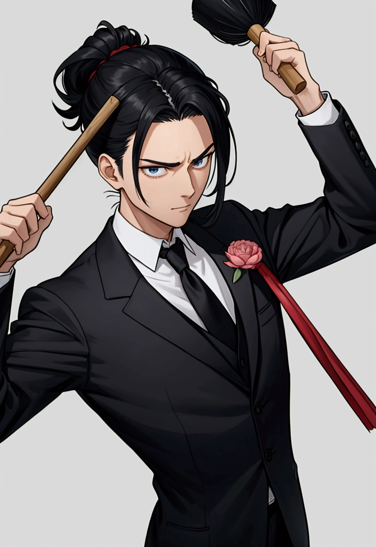 lawyer He is wearing a black suit and has his arm raised and holding a mallet in his hand.。A servile, dissatisfied face looking diagonally upwards Her hair is black and short on both sides, but the top is cut with a long brush, and tilted forward. 背景は裁判所のlawyer用の席