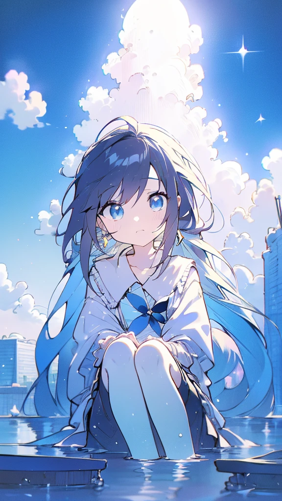 Seven-doppelganger shot，Anime style 4K,High quality anime art style，Standing painting，Splash ink background，Blue Themes、Pure white background,Buildings,Face close-up,Buildings,Moon and sun、Shining Star々,milky way,Bright Sky,Looking at me,Facing forward,Clear eyes and nose,cute,beautiful,Thin legs,sitting by the water, black hair, Blue eyes, girl, bob, front, cute,Blue Background,Long Hair,Whale flying in the blue sky,Buildings,whale,Black Hair,ギャルファッション,ギャルの服