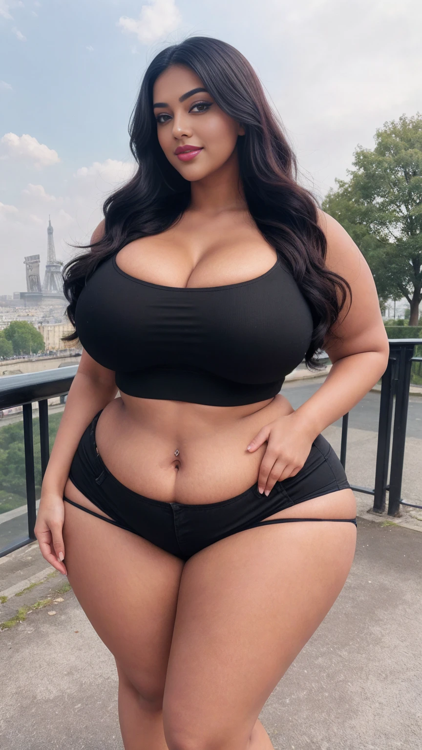 swastika mukharjee Indian beautiful woman curvy plus size hour glass bulky huge figure woman, closeup camera view, big huge m-cup breast, wearing SHEIN Teen Girl Letter Graphic Cami Top & Shorts & Mesh Top Color: Multicolor , covered Bust , elegant standing position, eye contact view, different style hairstyle, bright eyes, thin eyebrows, fair skin, blushing cheeks, prefect head to toe view, full body, ideal for high-fashion or editorial shoots, ultra realistic skin texture, head to toe view, full body shot, full body view, smile face, black hair, Indian face, perfect skin tone light, ultra realistic skin texture, bigger waist, busty, big hips, fleshy thighs, thick thighs, busty, full body view, Eiffel Tower, Paris, France: Iconic landmark with romantic Parisian vibes

