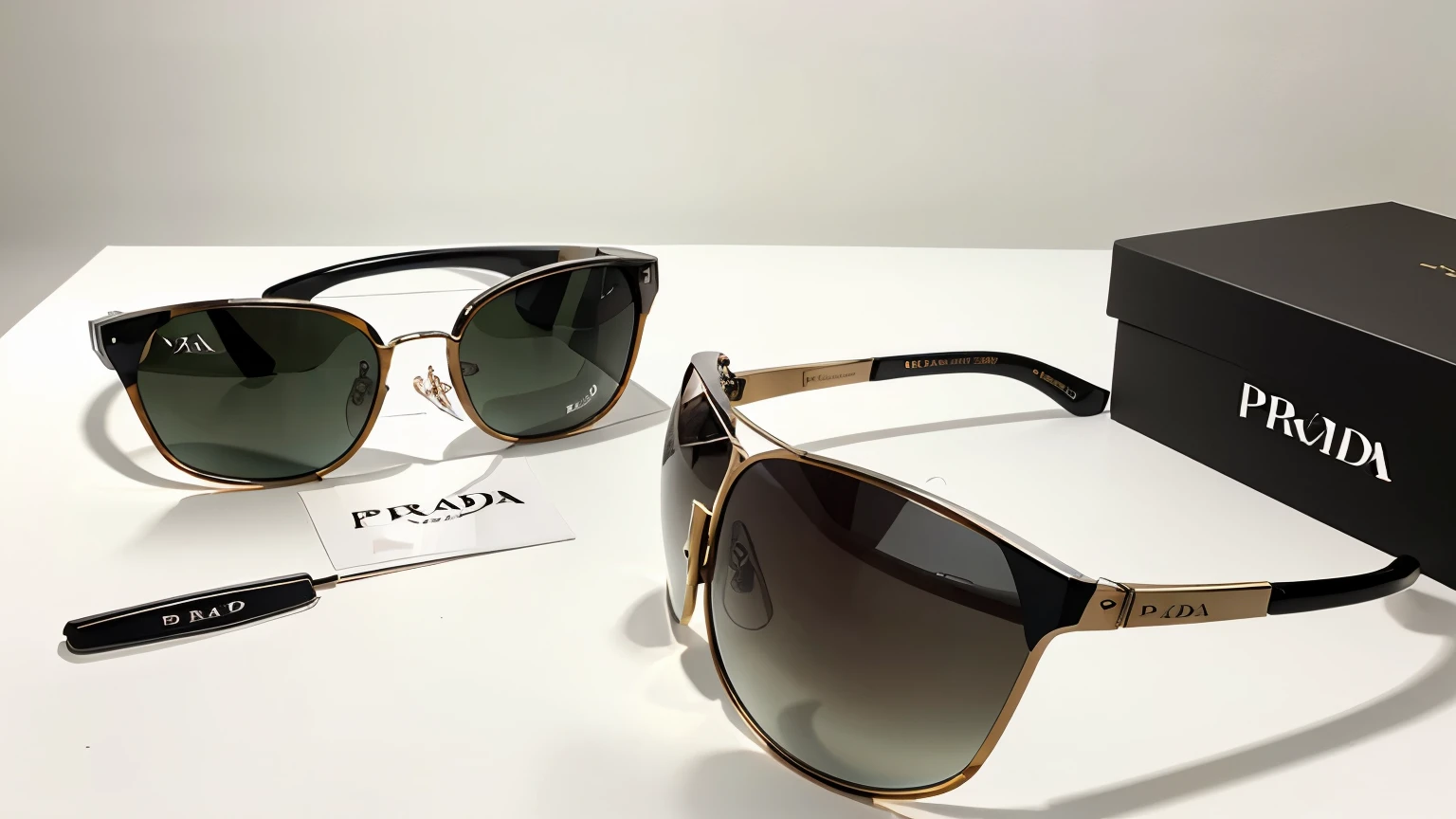 Prada sunglasses, on a white background, on the table, different frame shapes, with brand inscription, clear focus, clear letters of the brand name, prada brand, black prada sunglasses