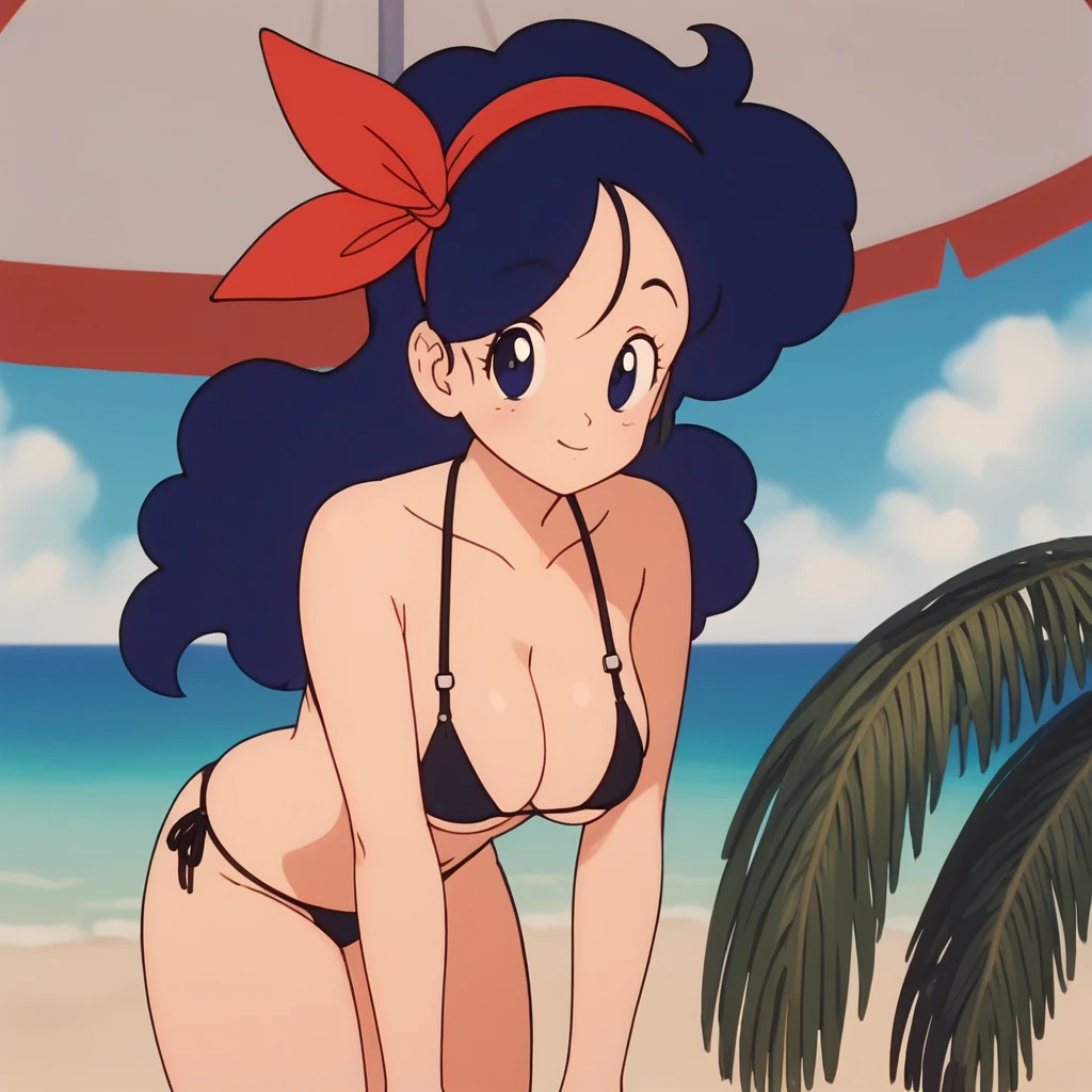 source_anime, score_9, score_8_up, score_7_up, anime screencap, high quality, launch good, 1girl, solo, blue hair, breasts, micro bikini, black bikini, leaning forward, press breasts together, looking at viewer, looking up, smile, blue eyes, cleavage, long hair, sky, curly hair, blue sky, midriff, day, big breasts, outdoors, bare shoulders, collarbone, eyelashes, seaside, from side