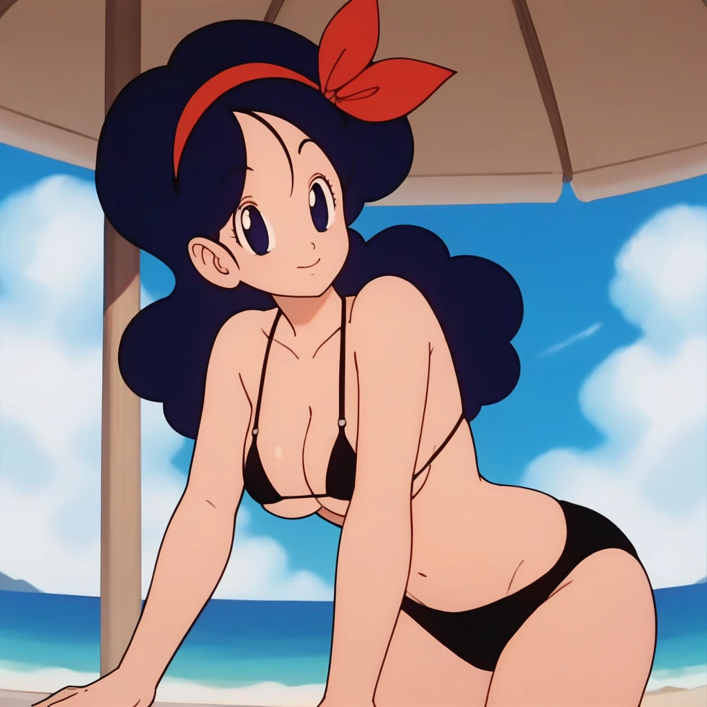 (masterpiece:1.0), (ultra detailed:1.2),(intricate, beautiful detailed) ,1990s,anime cel style, 1 girl, Jessie Pokemon, White ribbon bikini, hair slicked back, long hair,red hair,detailed lapis lazuli eyes, lipstick、curvy, waist, beach,Big Breasts、Broad shoulders、2５age, whole body、very long limbs、Toned Legs、Thin ankles、White Sandals, Perfect Style、sitting on the beach、