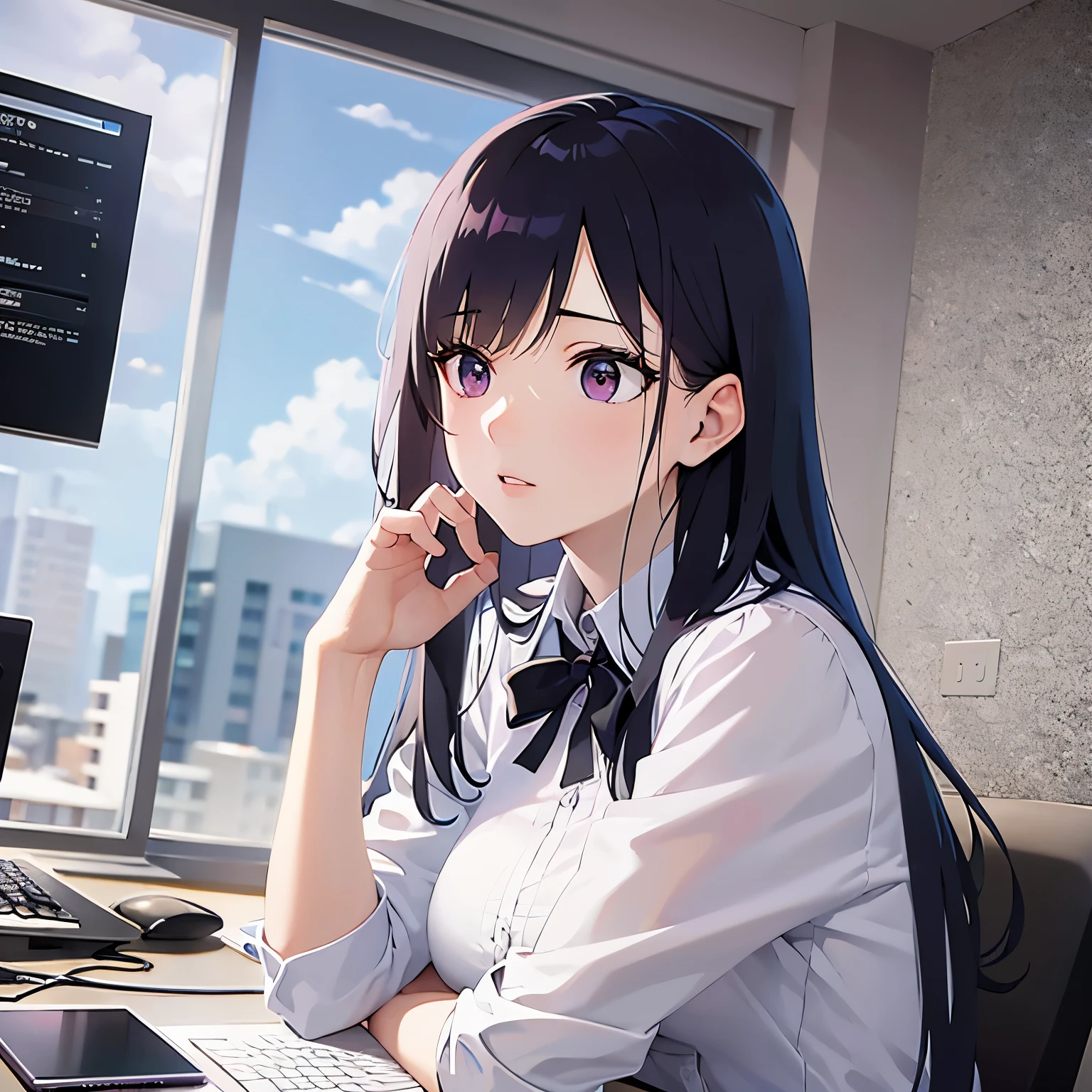 side angle, (looking away:1.5), Upper Body, Realistic, real person, (pale skin: 1.2), RAW photo, photorealistic, shiny skin, shiny hair、(A 25-year-old woman with straight hair and bangs) and (medium hair) and (black hair) and (purple eyes) , (business suit:1.5) and (white collared shirt)、Serious expression, The background is the office、Alone、Sitting、computer