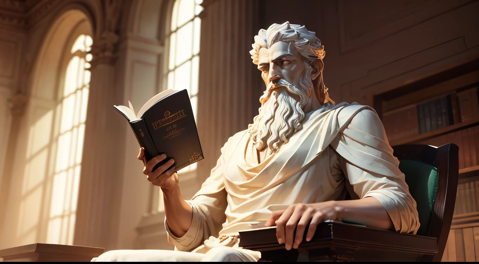 Stoic and highly detailed sculpture of the philosopher Epictetus Sitting on a stone chair, Position of authority/teaching Holding an open book titled "The Wealth Manual