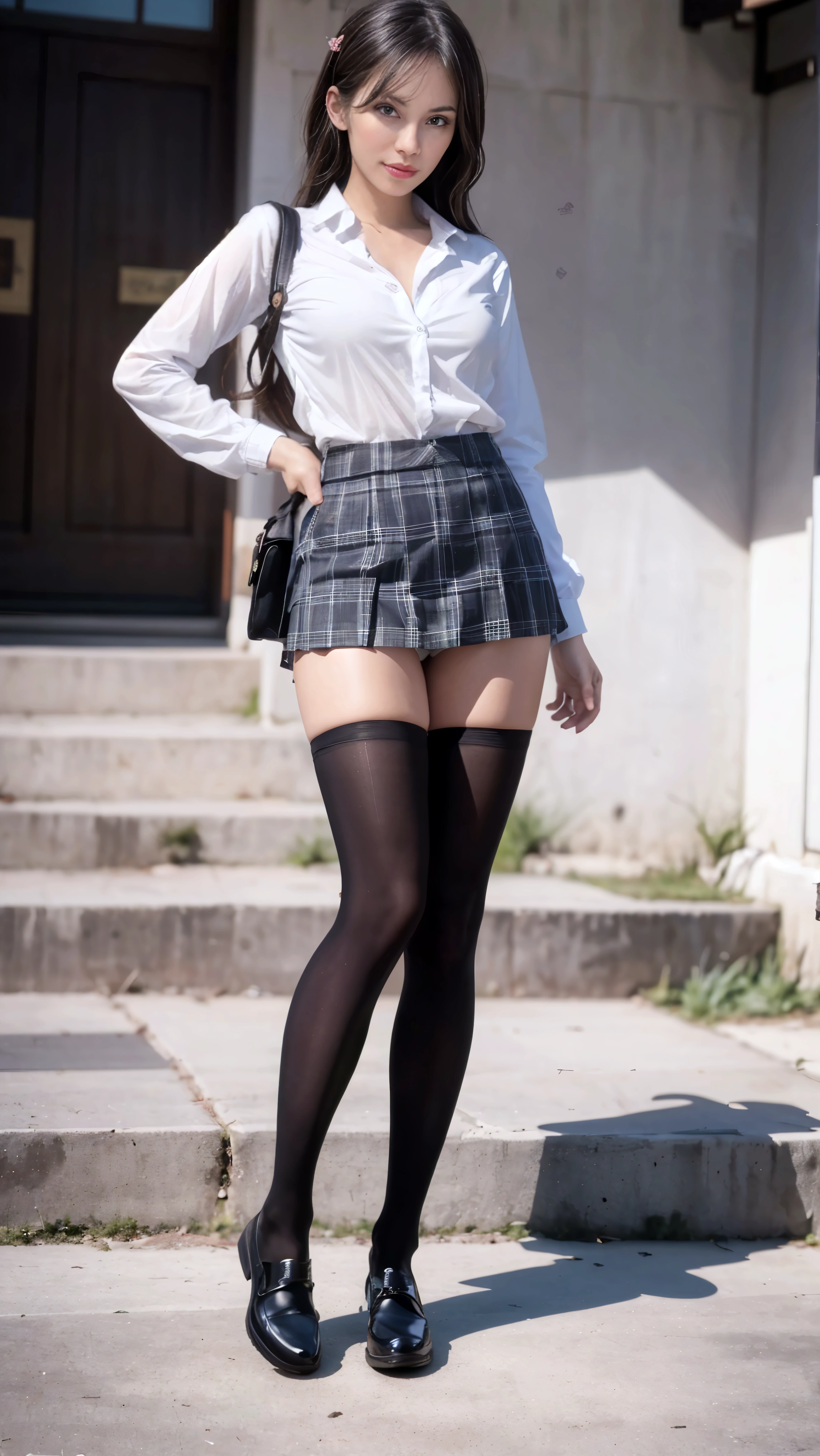 (((There is one girl:1.5))),Gal,(((A tall high school girl with a model figure))),Perfect proportions,(Standing facing this),Full body photography,(wide thighs, Very long legs),Fleshy,Mid-chest,(((Cleavage))),Breast enlargement,swelling of the nipples,Unbutton your shirt,Loafer Asterpiece on the ground:1.3),((8k, Photorealistic:1.4,Surreal,RAW Photos, highest quality: 1.4,Ultra high definition,Super detailed)), Beautiful Face,(Realistic face),(Brown's shortcuts:1.3),Short Hair,Disheveled Hair,Fluffy hair,Detailed eyes,Realistic beautiful skin,Golden Ratio,Super cute,Open your mouth a little,smile,High school girl in summer clothes,White shirt,Sweaty,Wetty,(Wet shirt),See-through shirt,Light clothing,Surreal school girl,pleated micro mini skirt,Checkered micro mini skirt,Pleated miniskirt with tartan check,((I can see your panties!!)),pantyhose,(Black Stockings),((Knee-high stockings)),loafers,Esbian all over,High school girl wearing JK uniform,Sexy pose,Anatomically accurate body,Precisely drawn fingers,