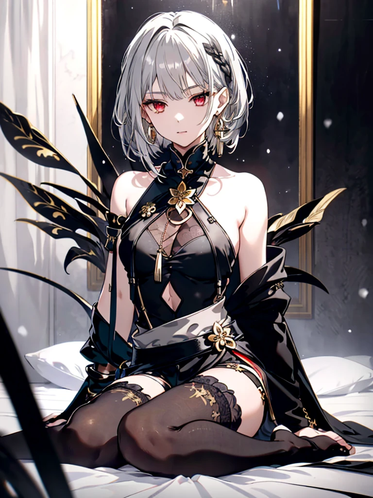 8k,High resolution RAW color art,Anime Art,Silver Marble Skin, (((Very detailed and cool))), Detailed skin, Bokeh、texture,(Exquisitely crafted, The finer details, Ultra-detailed art), (((1 girl))), Depth of written boundary, Silky Touch, Hyper Detail, (((Cool face))), eye shadow, Beautiful detailed red eyes, Beautiful lip detail, Highly detailed face, Delicate depiction of hair and eyes, Detailed Fashion, Golden Earrings,Full body depiction, Black half top、(((Shoulder Bare)))、Black shorts、Waist Cloak、Black thigh-high tights、Golden decoration, Light gray hair, Golden bracelet, Straight Hair、Short Hair、(((Hair)))、Black theme、snow、Side view、look down、cloth、Clear face、bed