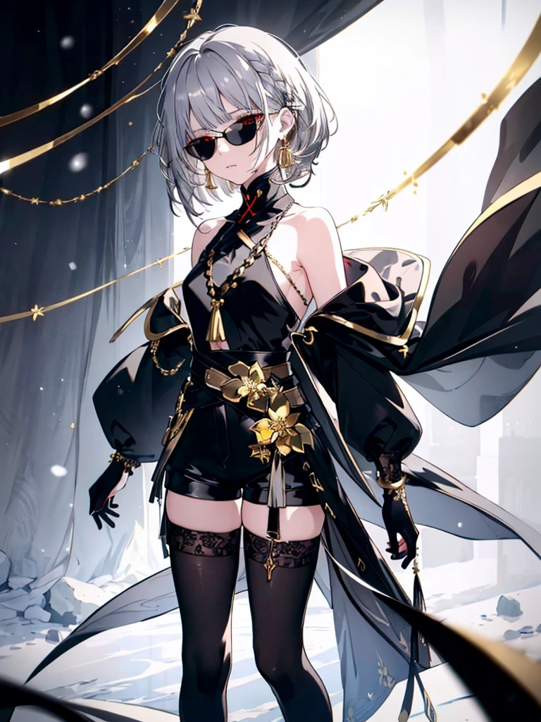 8k,High resolution RAW color art,Anime Art,Silver Marble Skin, (((Very detailed and cool))), Detailed skin, Bokeh、texture,(Exquisitely crafted, The finer details, Ultra-detailed art), (((1 girl))), Depth of written boundary, Silky Touch, Hyper Detail, (((Cool face))), eye shadow, Beautiful detailed red eyes, Beautiful lip detail, Highly detailed face, Delicate depiction of hair and eyes, Detailed Fashion, Golden Earrings,Full body depiction, Black half top、(((Shoulder Bare)))、Black shorts、Waist Cloak、Black thigh-high tights、Golden decoration, Light gray hair, Golden bracelet, Straight Hair、Short Hair、(((Hair)))、Black theme、snow、Side view、look down、cloth、Clear face、bed
