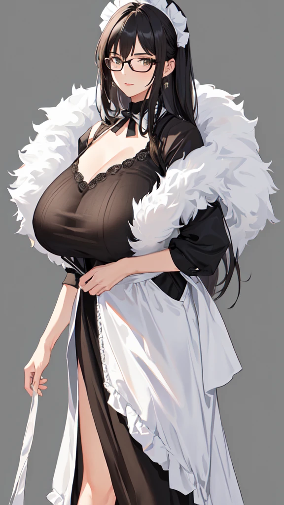 {{masterpiece}},high quality, 4K, 2D, 1 girl,{simple gray background},(attractive mature lady:1.6),milf,standing,(sagging breasts:0.8),(gigantic breasts:1.4),maid,front face,{{tareme}},attractive mature lady,black hair, {from right in front of face and body},View viewers from front,{front facing shot},Wear glasses,(serious:0.1)