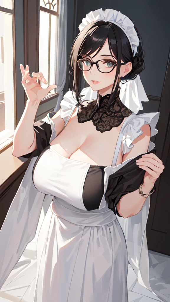 score_9, score_8_up, score_7_up, source_anime, 1girl, black hair, brown eyes, medium hair, cat ears, large breasts, eyeglasses, micro bikini maid, headdress, blouse, skirt, apron, areola, light smile, private room, mansion,