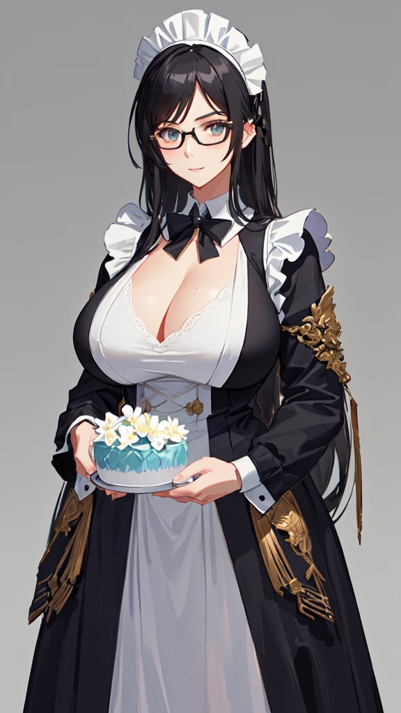 {{masterpiece}},high quality, 4K, 2D, 1 girl,{simple gray background},(attractive mature lady:1.6),milf,standing,(sagging breasts:0.8),(gigantic breasts:1.4),maid,front face,{{tareme}},attractive mature lady,black hair, {from right in front of face and body},View viewers from front,{front facing shot},Wear glasses,(serious:0.1)