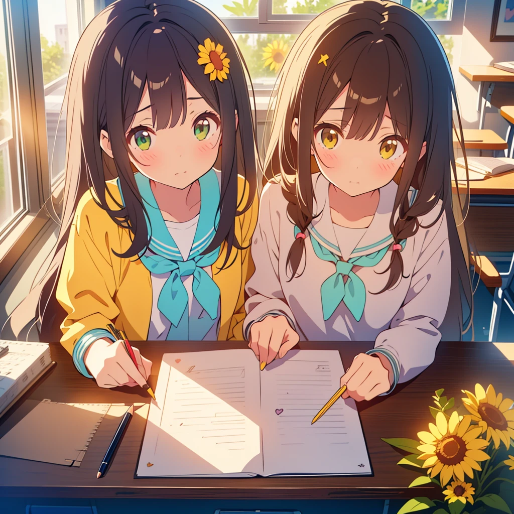 kawaii, anime, Cute, hyper quality, highly detailed, 8k, Clarity, dark brown long hair, sit at the study table, small yellow rudbeckia flower pot, classroom, soft air, light shines through the window, close up of face, Self-studying, Draw facial expressions in detail, wave hands, bird's eye view, green eyes, stare at, upward glance, sigh, unrequited love, heart doodle on notebook, heart doodle, like, draw a heart pattern, Write the umbrella in your notebook, love, heart mark on blackboard, full of hearts, lovesickness,