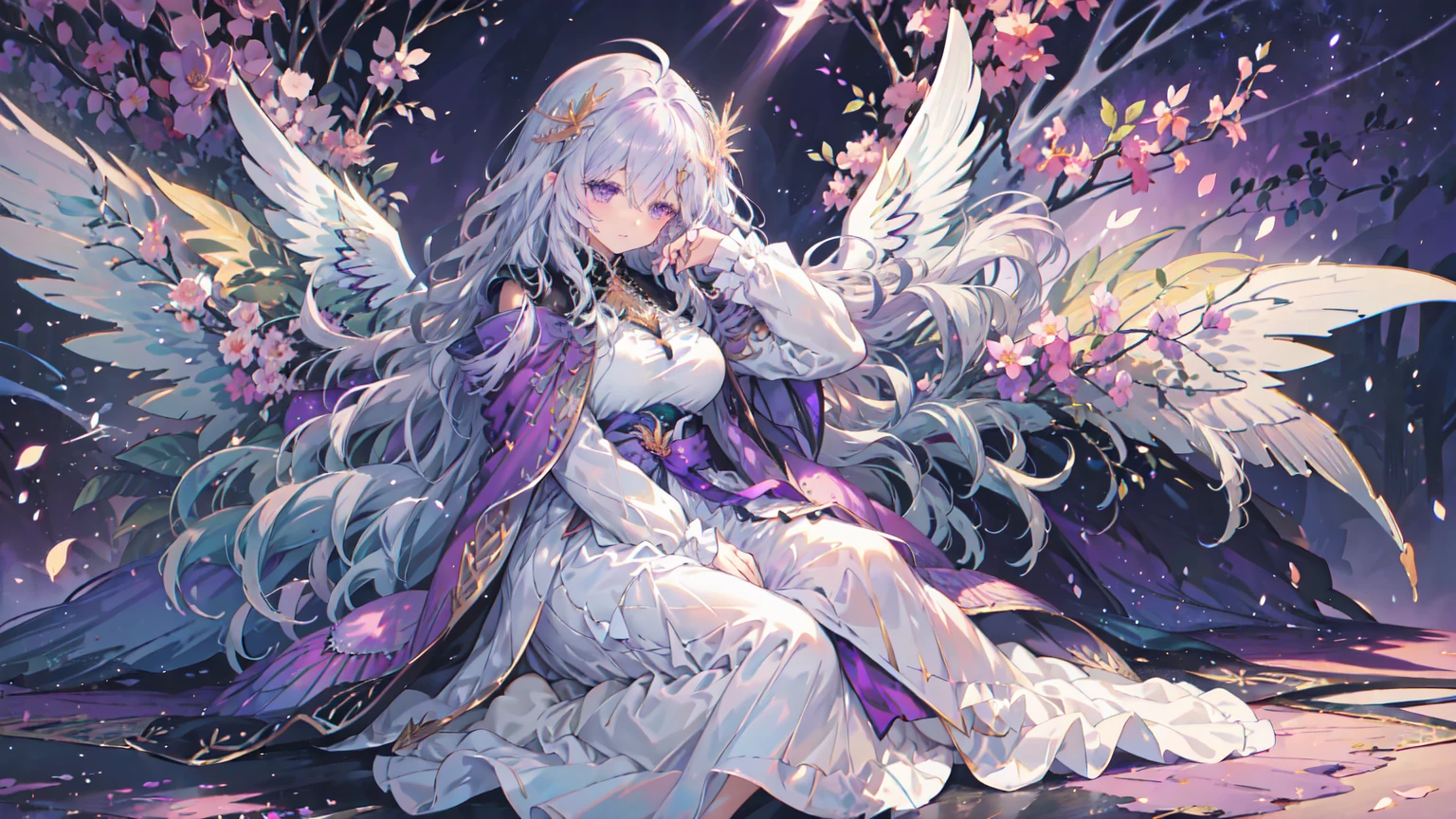 Highest quality, Very detailed, beautiful, Exquisite, 16K, Full HD, ((sleep)),(sleep in bed),Confused,(garden,Please sleep on your side),((Sparkly and soft layered dress)),A large and beautiful dress inspired by rose flowers, Hanabubuki,The screen is surrounded by flowers,Frills,Rhinestones are adorned、Intricately wavy ball gown,(Art Station, Fantasy art:1.2), pastel colour,((Huge white angel wings:1.5))、Gradient Hair, Wavy Hair,Fluffy hair,tiara,anklet,Purple eyes, Long eyelashes, beautiful Purple eyes,Pale pink cheeks,Golden Hour, Dazzling Light, Warm lighting,Bright light,Romantic light